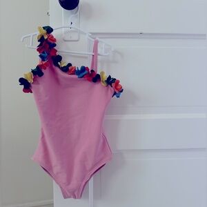 ❤️ HANNA ANDERSON - Pink One-Shoulder Swimsuit with Colorful Floral Trim GUC